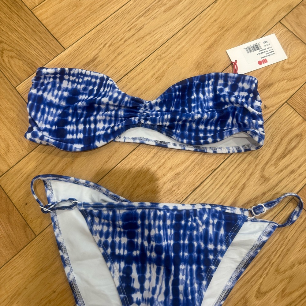 solid & striped Blue and White Tie-Dye Bikini with Red Tie Detail